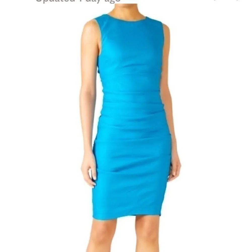 Nicole Miller Blue linen blend ruched sleeveless midi bodycon dress size 6